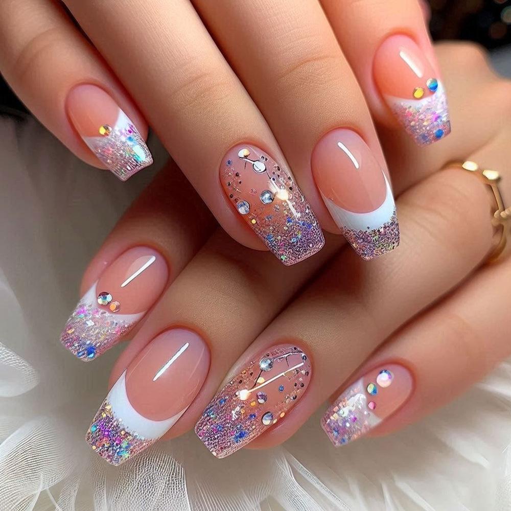 24PCS Simple French False Nails Glossy Pink Gradient Short Square Press On Nails Full Cover Acrylic Wearable False Nail Finished