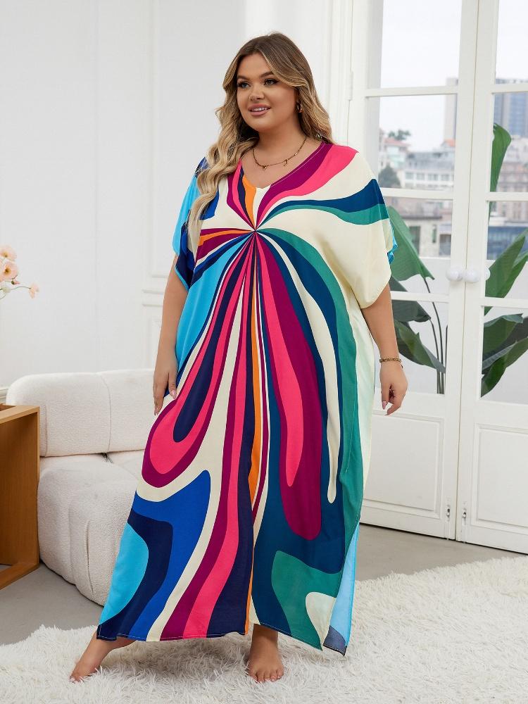 EDOLYNSA Colorful Women House Dress Loose Vacation Party Long Dress Kaftan Lounge Wear Flattering Bathrobe Boho Outfit Homewear Q1546