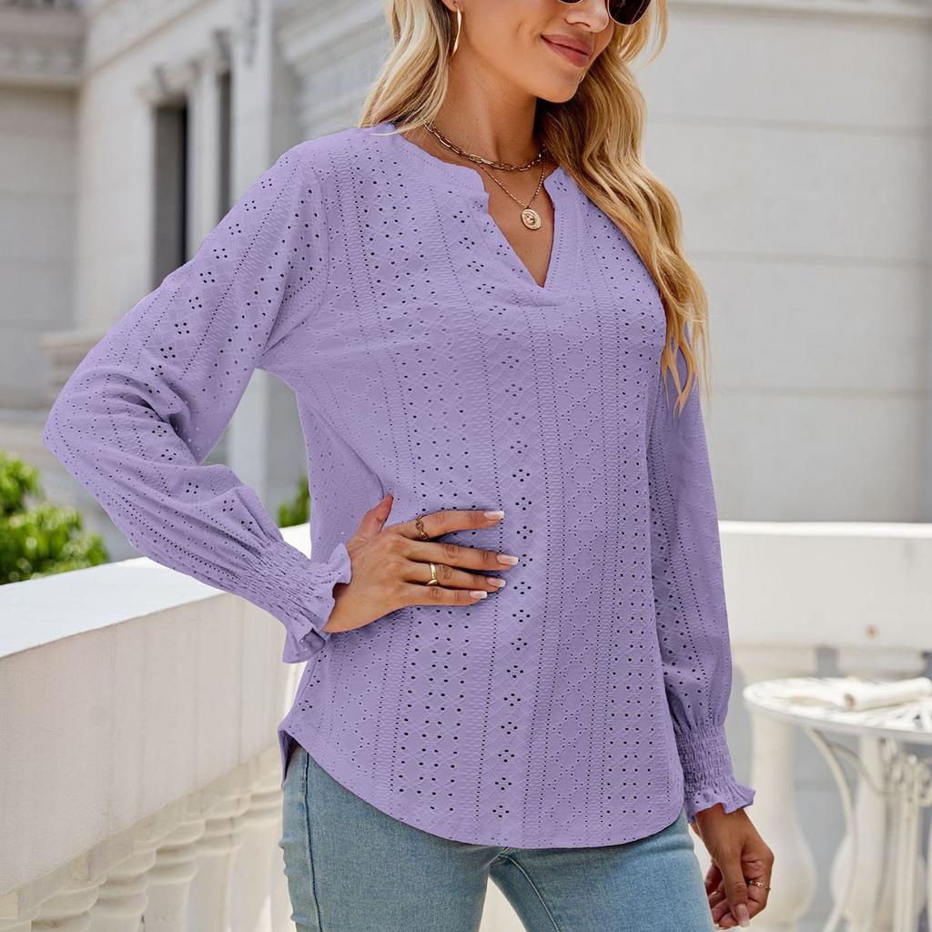 YYFS Damenmode, lässig, Frühling und Herbst, einfarbig, langärmelig, V-Ausschnitt, Blusen und Hemden