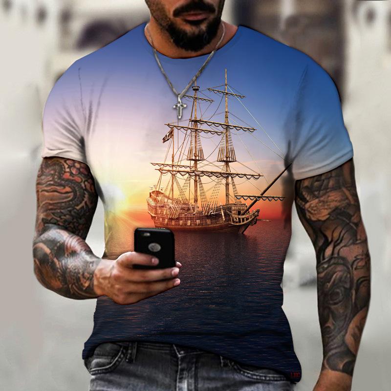 Vintage T-Shirts Men Spring Clothing Boat Graphic Apparel Streetwear Men's Clothing Casual Short Sleeve Tops For Male Shirt Tees