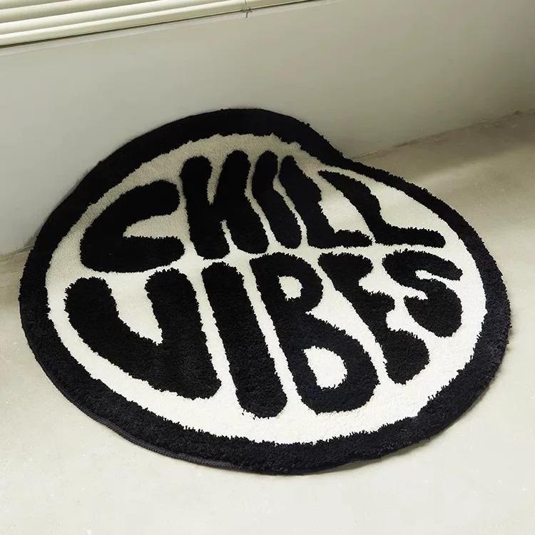 Soft Fluffy round Tufted Rug with Letters Aesthetic Bedside Carpet Anti-Slip Floor Mat for Bedroom Sofa Living Room Home Decor