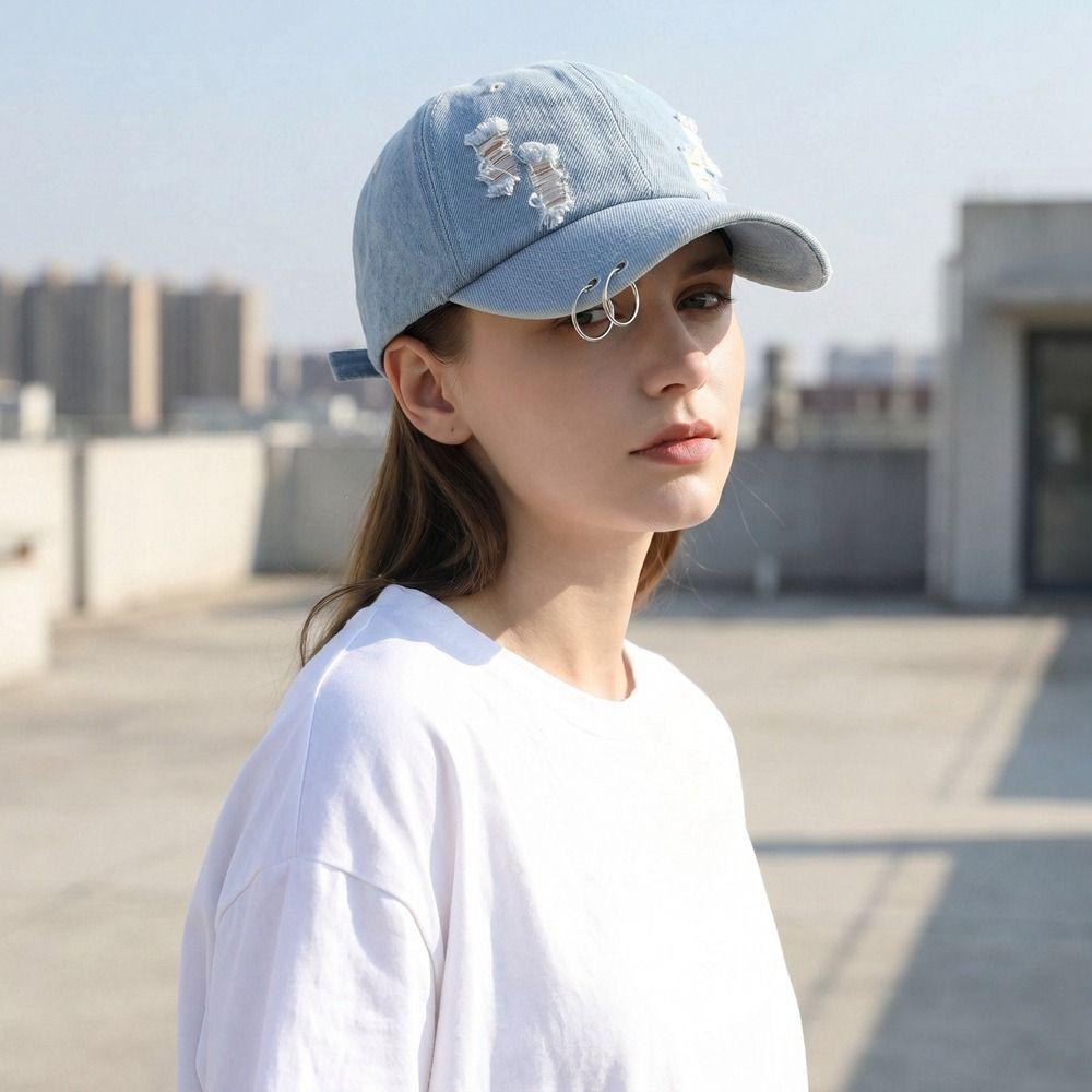 Hip Hop Ripped Denim Baseball Hat Creative Sunshade Hat Casual Iron Ring Baseball Cap Men
