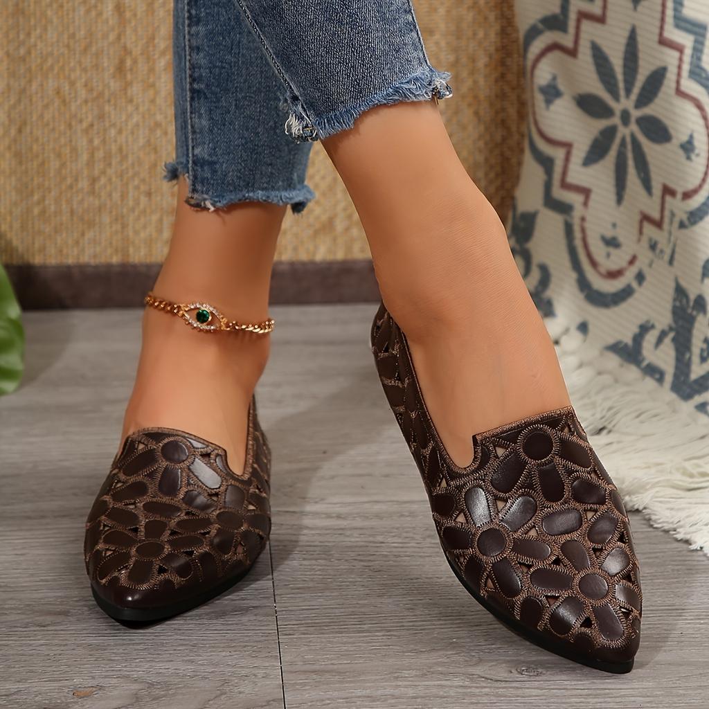 Embroidered Openwork Pointed-Toe Flat-Soled Loafers for Women, Plus Size, Low-Cut Slip-Ons, All-Season Leather Work Shoes