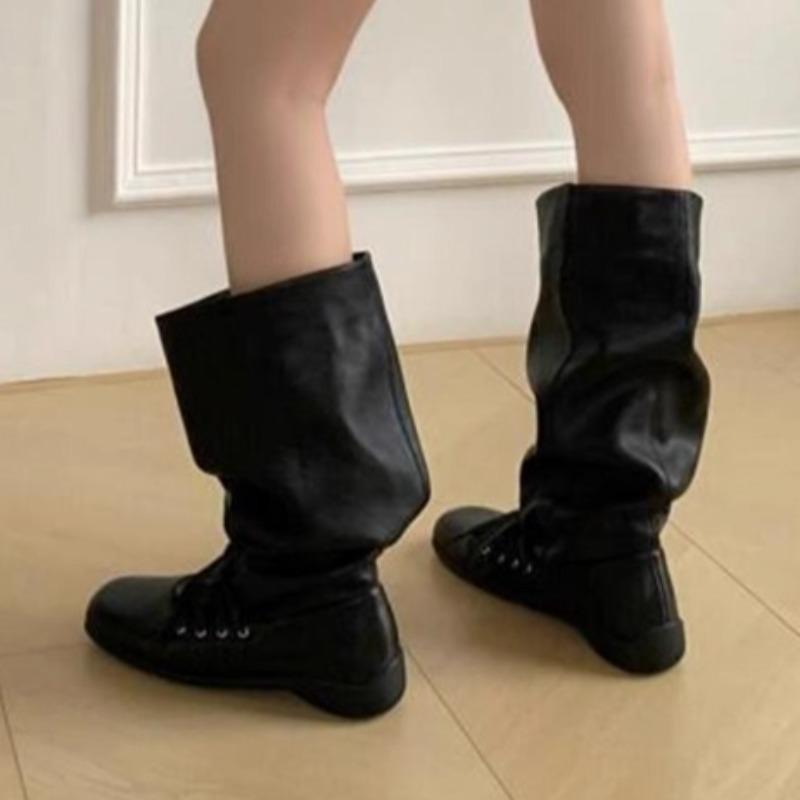 Fashion Flats Lace Up Women Mid Boots 2025 Winter New Trends Shoes Classical Pleated Comfortable Short Boots Fashion Zapatillas De Mujer