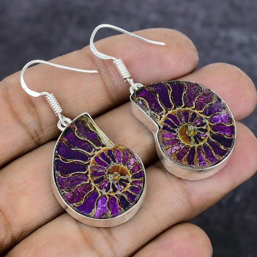 Natural Ammonite Fossil Gemstone 925 Sterling Silver Jewelry Earring 1.77" J6Y20