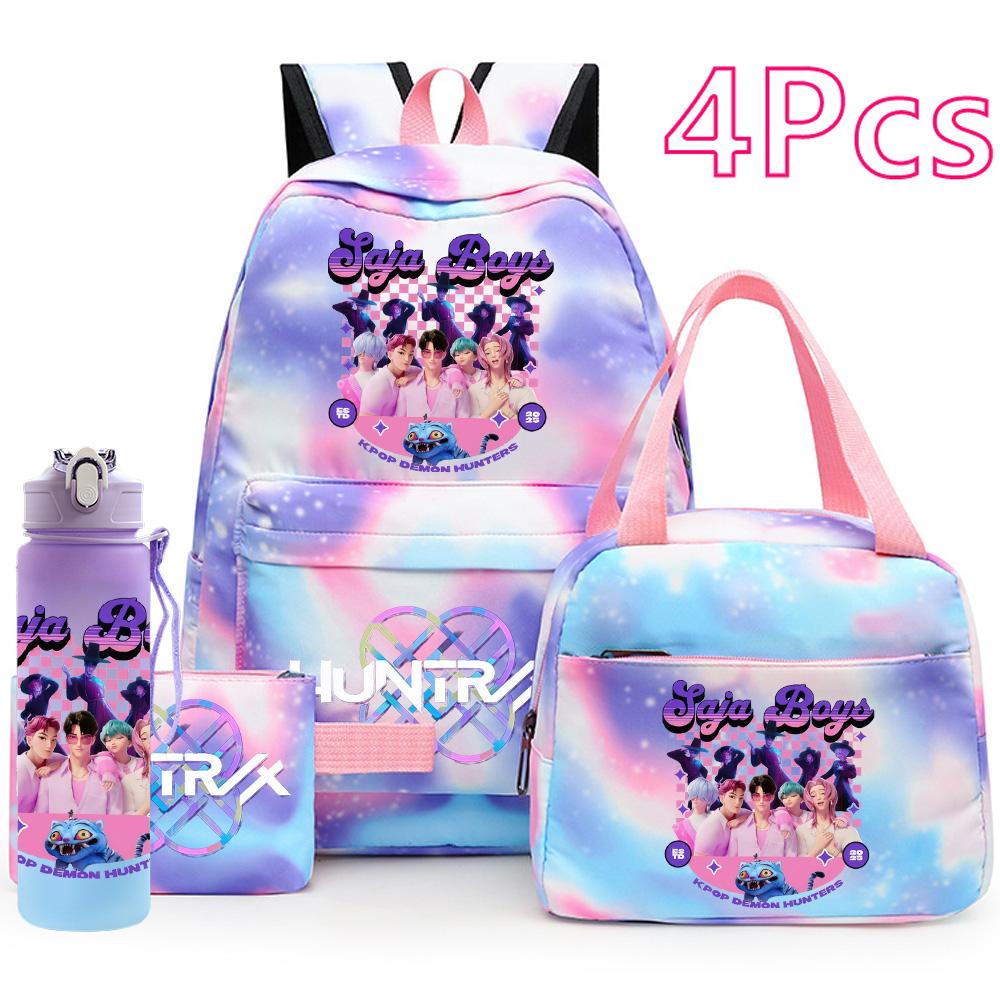 4Pcs/set Anime K-Pop Printed Backpack Handbag Pencil Case with 750Ml Water Bottler for Teenager Boy Girl Schoolbag Large Capacity Waterproof Bookbag