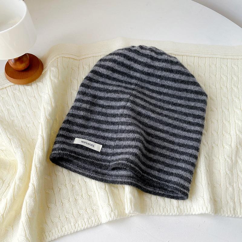 0% all wool striped knitted hat stacking hat women's autumn and winter bag head cold hat versatile warm hat