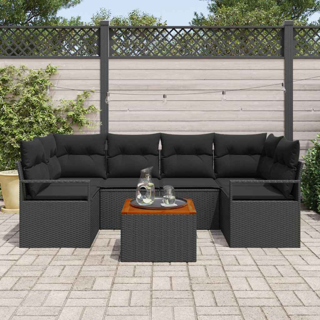 7 Piece Garden Sofa Set with Cushions Black Poly Rattan