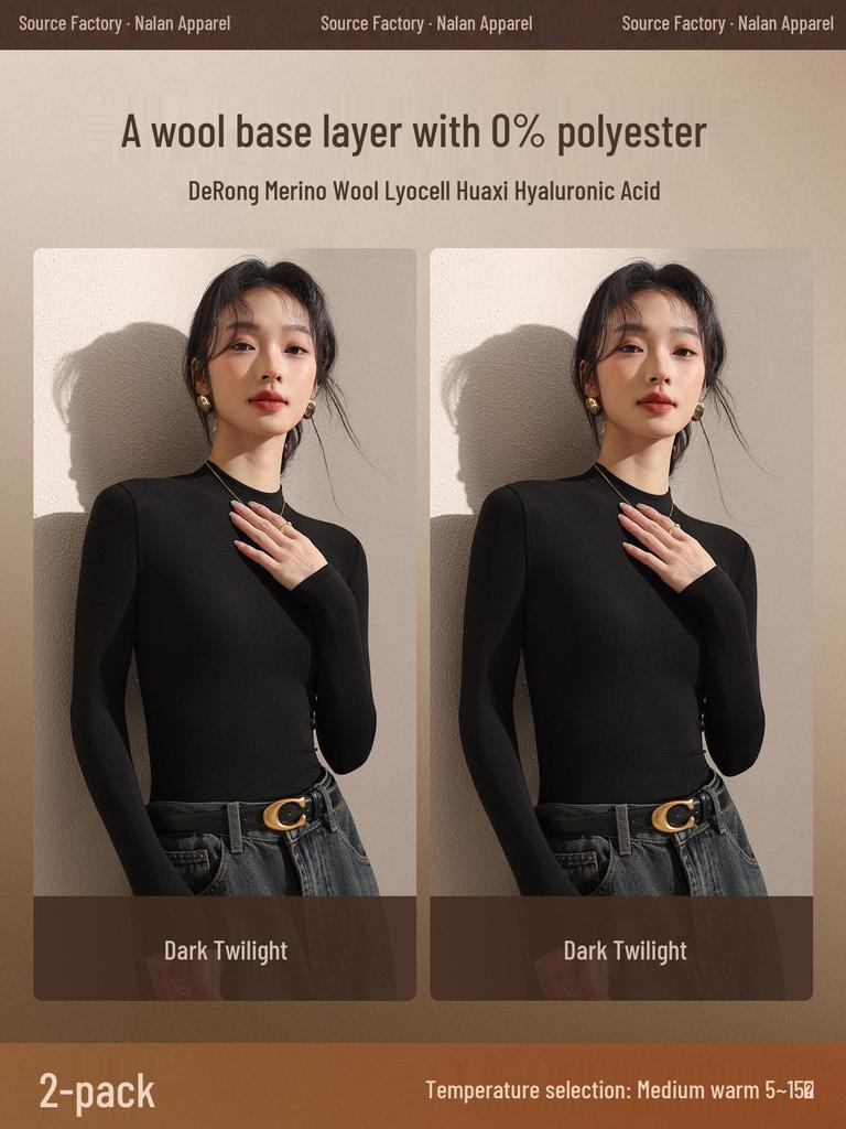 Women's Black Fleece-Lined Half-High Neck Base Layer Knit Top - Thickened Long Sleeve for Autumn/Winter 2026