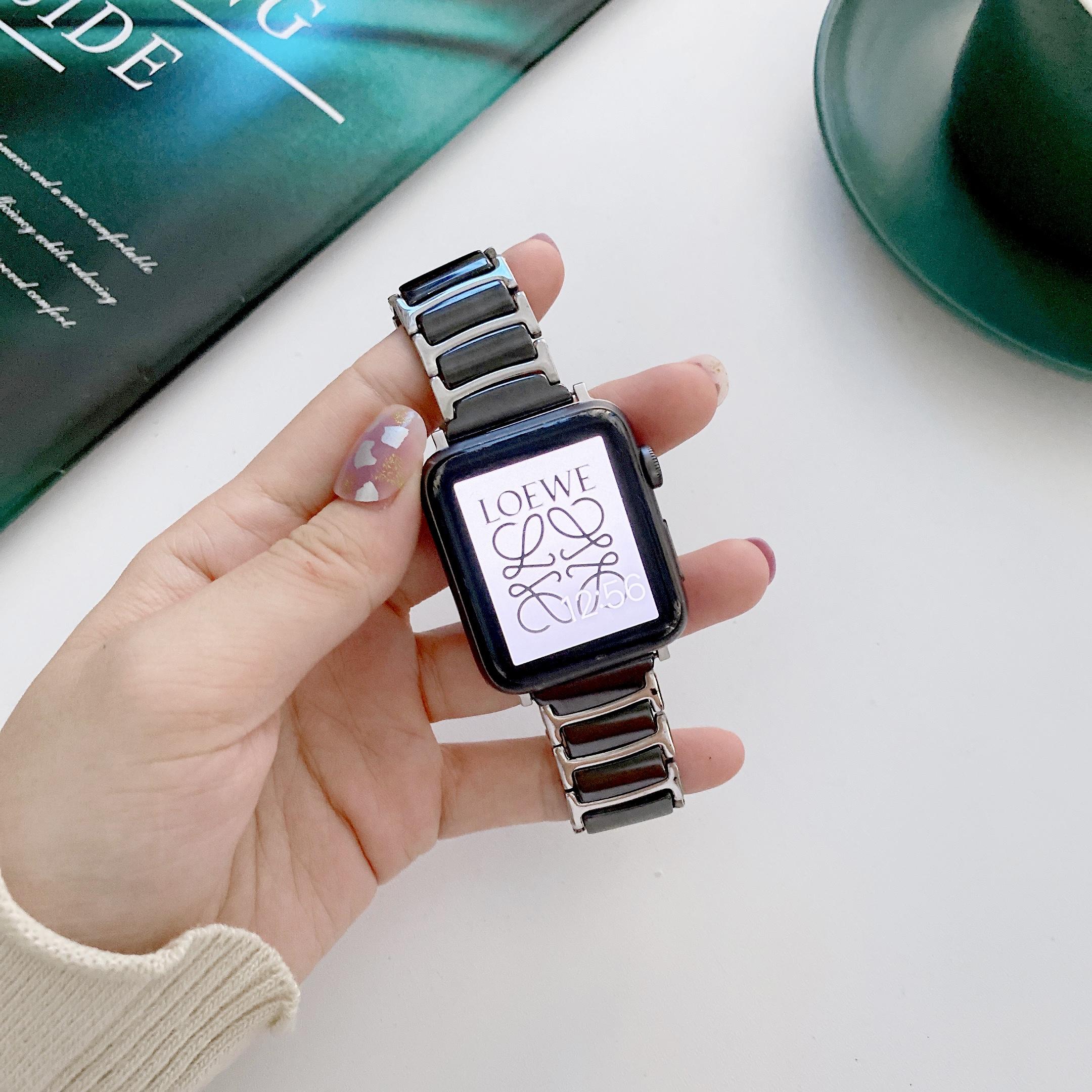 

Керамический ремешок для Apple Watch 8 7 6 5 4 3 44 мм 40 мм Роскошный браслет из стального металлического ремешка для браслета IWatch 8 7 6 5 4 3 38 мм 42 мм Замена браслета 38mm 40mm 41mm чёрный/серебряный