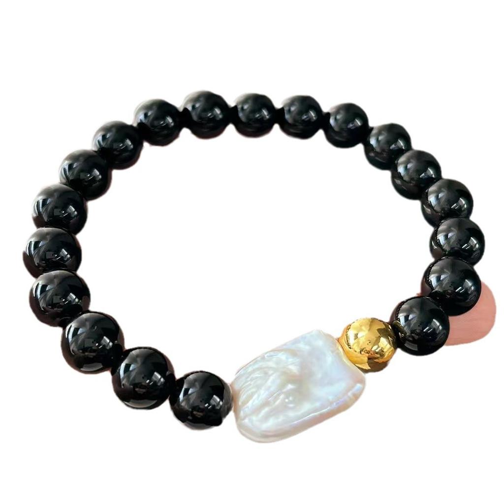 Vintage High Quality Natural Black Agate Freshwater Baroque Pearl Bracelet Bracelet