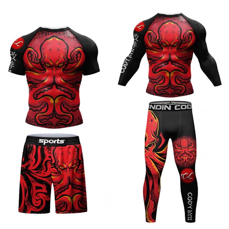 Mens 3D Printed Quick-Dry Stretch Athletic Compression Set - 4pcs Gym Running Basketball Workout Gear