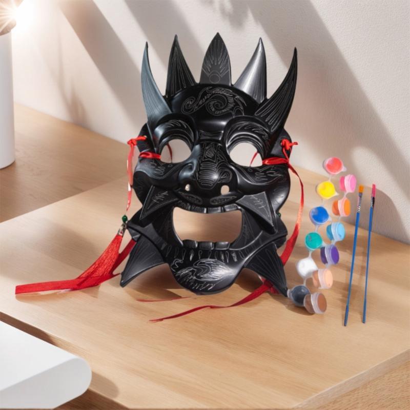 Blank Nuo Operas Mask with Pigment Drawing Brush Photo Ribbon Set DIY Unpainted Masquerade Mask Set Blank Paintable Mask