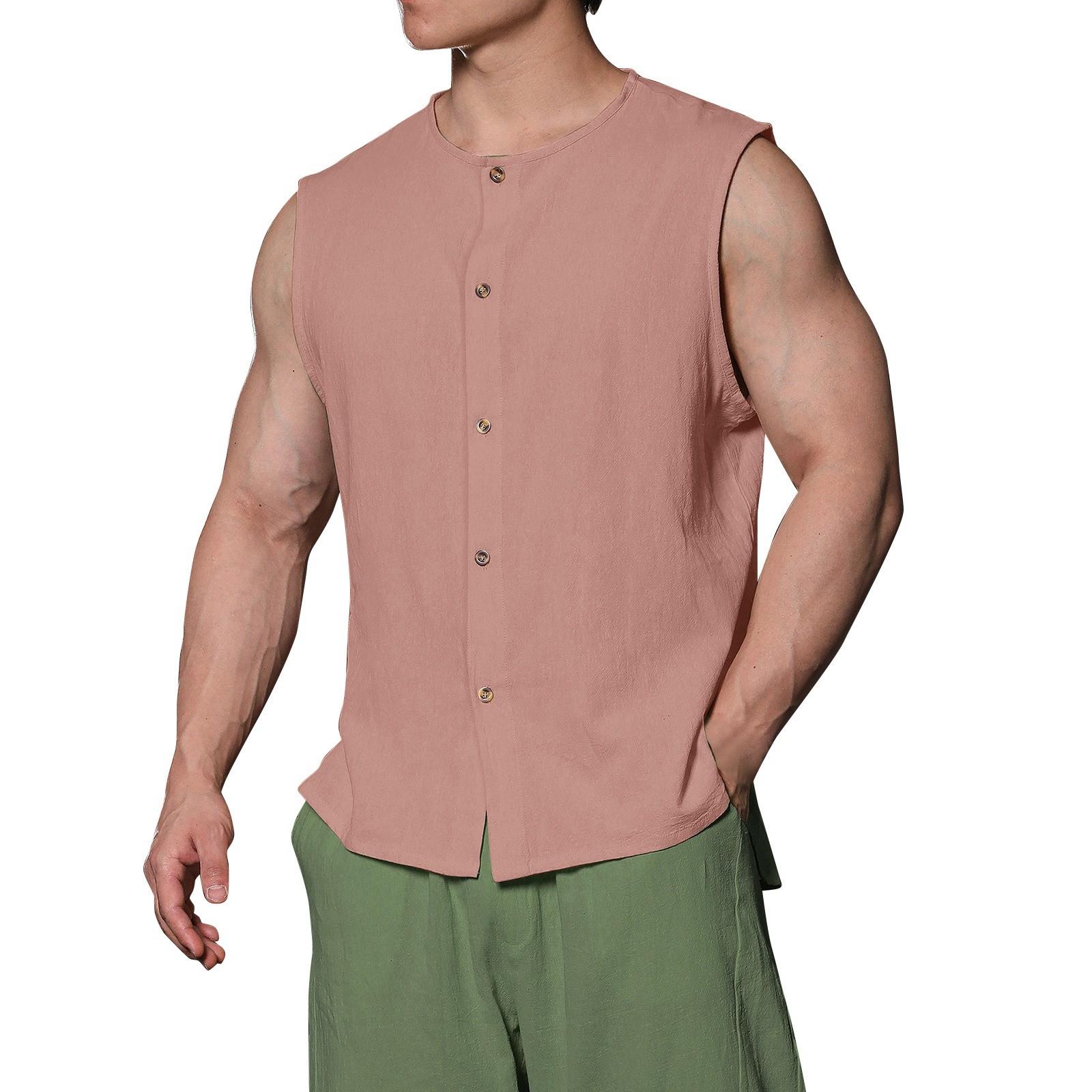 

Чоловіча одноколірна бавовняна сорочка без рукавів із круглим вирізом і льоном M