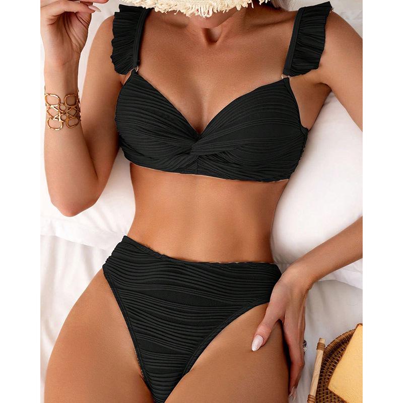 2025 Dámské evropské a americké jednobarevné volánkové bikiny - Letní sexy plážové plavky
