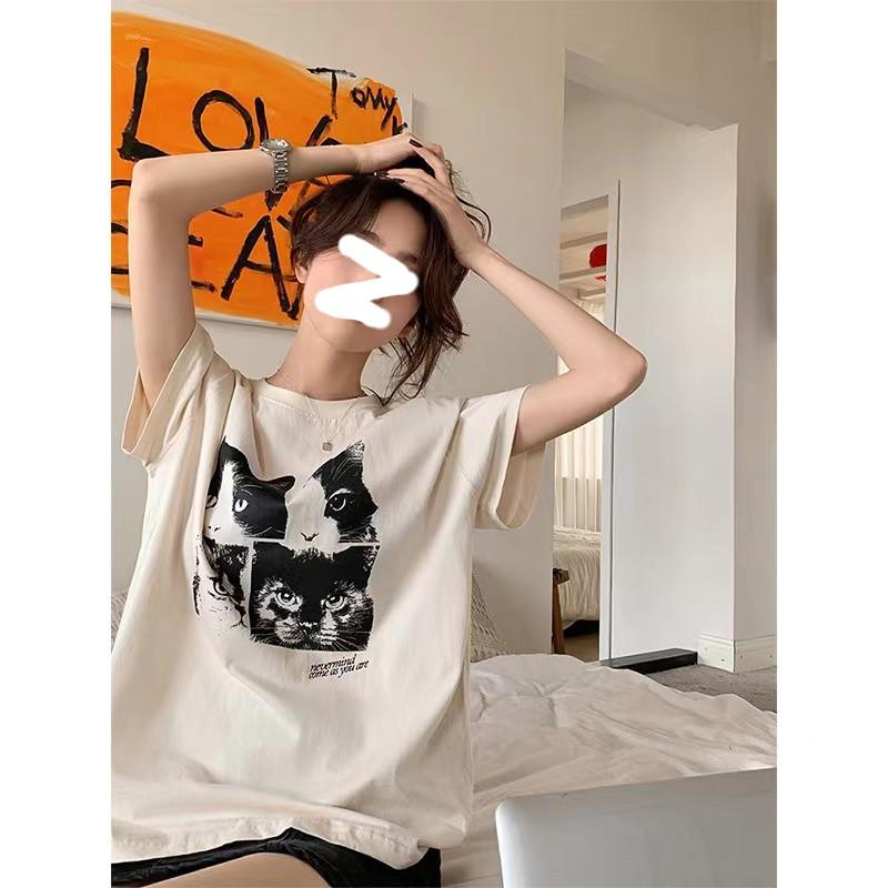 

Design apricot cat print short-sleeved T-shirt 2025 spring and summer new loose and versatile pure cotton top M слоновая кость