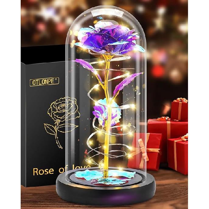Otlonpe Glass Rose Flower Handmade Forever | Romantic Christmas, Valentines, Mothers Day, Birthday Gifts for Women Mom Grandma Girlfriend Wife | фиолетовый