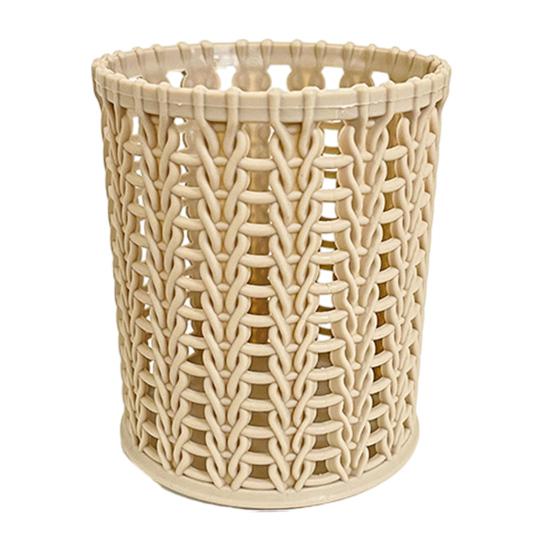 DYS Imitation Rattan Pen Holder, Round Hollow Desk Organizer, Large Capacity Pencil Cup for Pens Pencils Makeup Brushes, Nordic Office Home Decor