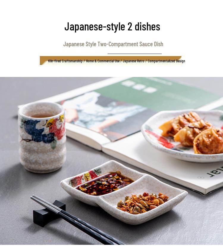Japanese Ceramic Double-Compartment Dish for Dipping Sauces and Seasonings