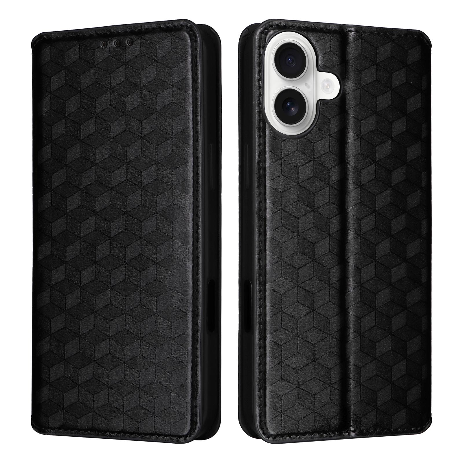For iPhone 16 Plus Wallet Case Rhombus Imprinted Leather Phone Cover A