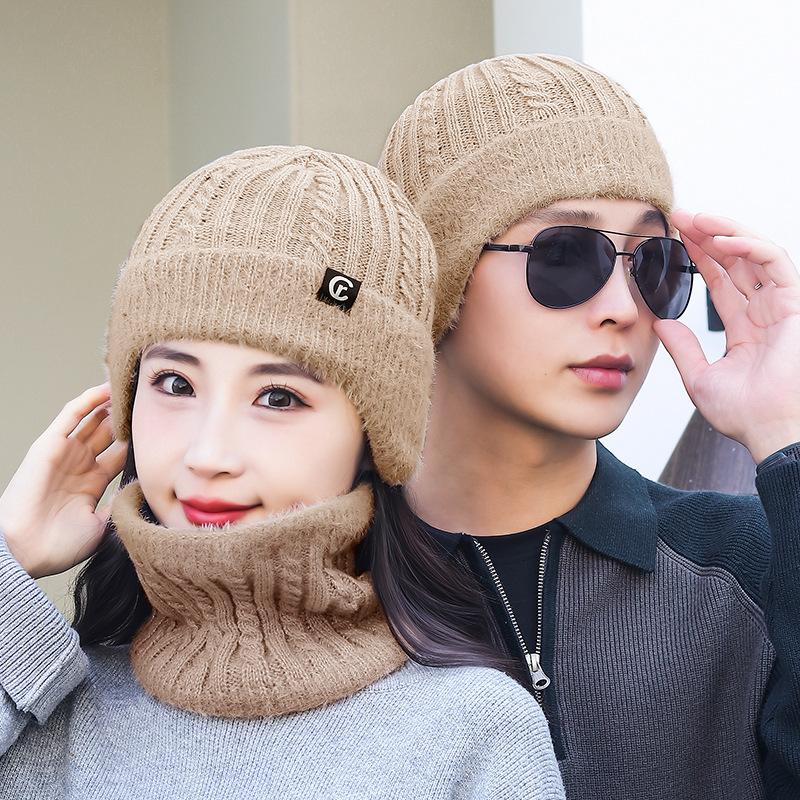 Wool Hat Scarf Two-Piece Winter Knitted Hat for Men Women Outdoor Riding Windproof Ear Protection Warm Hat