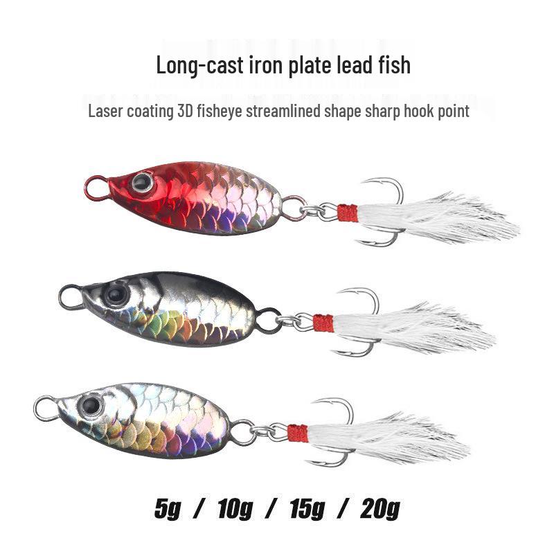 Blue Fish Scale Long Cast Iron Plate Bait with Feathered Hook for Sea Fishing, 5g-20g