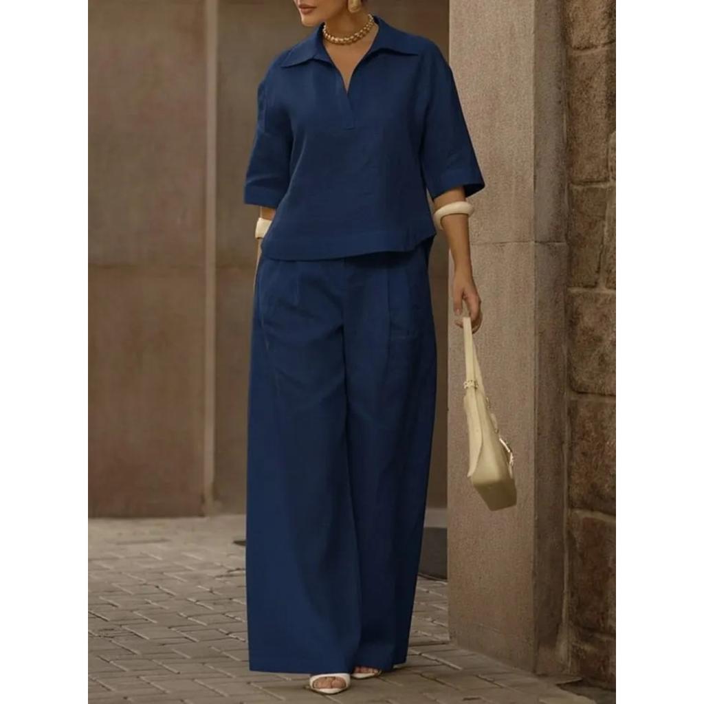 Women's Loose Two Piece Matching Suit Three Quarter Sleeve Polo Collar Blouse High Waist Wide Leg Pant Set