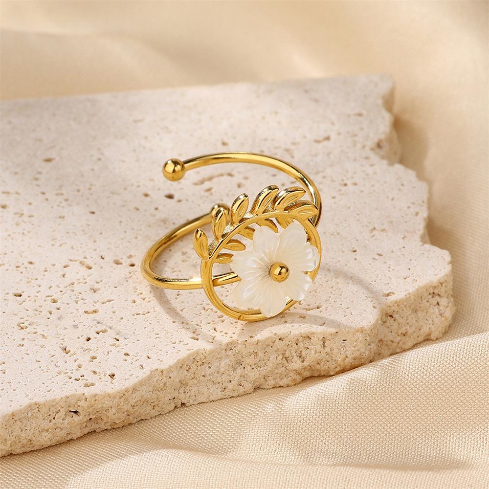 Inel deschis din oțel inoxidabil cu aur de 18K cu design floral european și american, care nu se decolorează