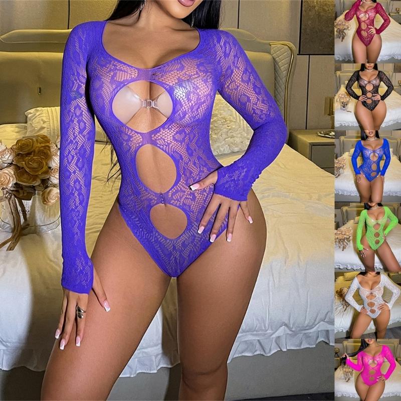 Damski Monokini z Długim Rękawem i Wycięciami z Siateczki Fishnet, Bez Pleców, Prześwitujące Siatkowe Body, Rajstopy Bielizna Piżama Ubrania Klubowe
