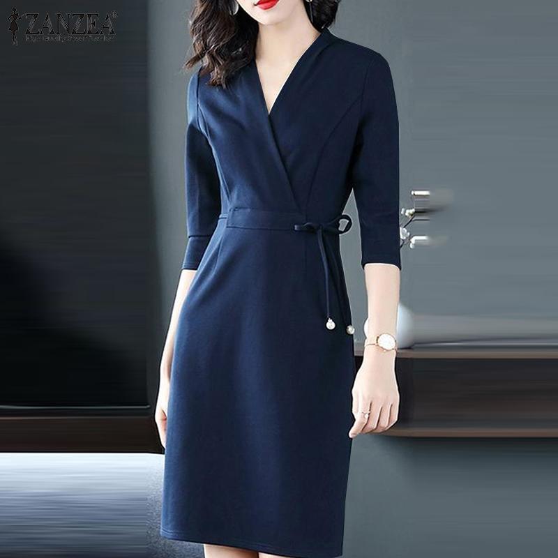 

ZANZEA Женское однотонное элегантное короткое платье с v-образным вырезом и рукавами 3/4, завязкой на талии