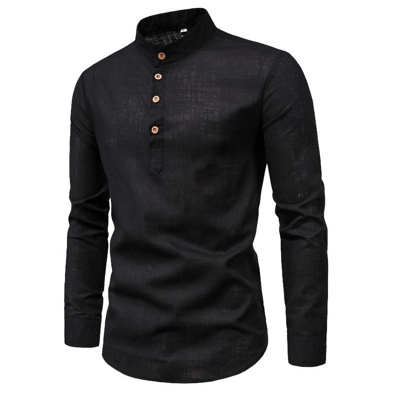 Cotton Linen Long-Sleeved Shirts Autumn Solid Color Stand-Up Collar Casual Beach Style Plus Size Shirts