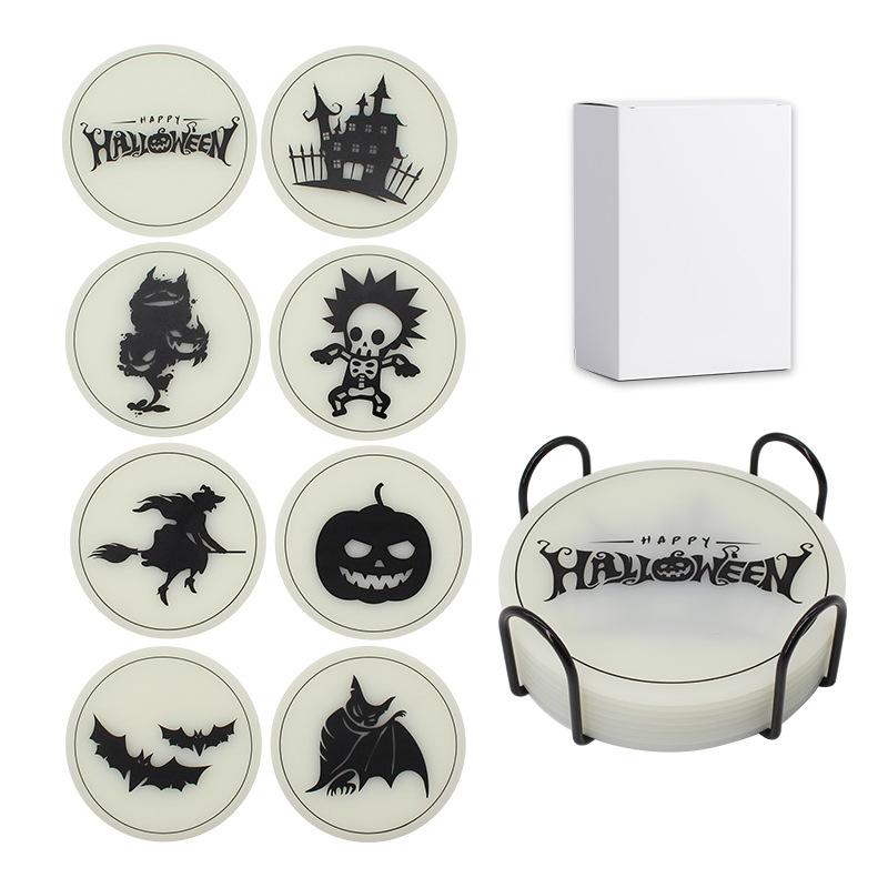 Coaster Round Pumpkin Witch Bat Print Insulated Mat Silicone Coaster 8  Set