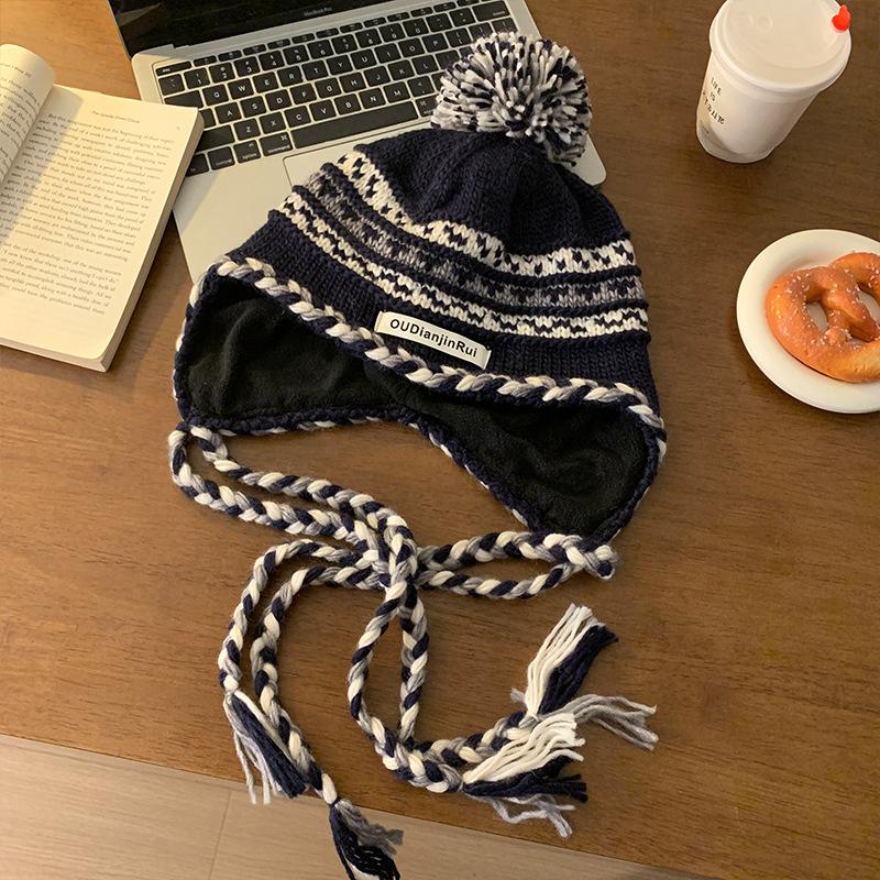 Contrasting Color Hairball Braid Knitted Hat Women's Autumn and Winter Warm Versatile Face Small Ear Protectors