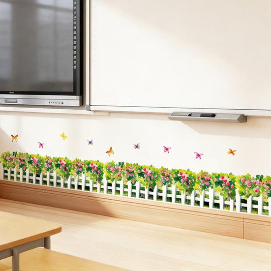Autocollant d'angle de mur floral herbe verte Fleurs Papillons Base d'herbe Ligne de plinthe Autocollants muraux pour salon chambre à coucher salle à manger