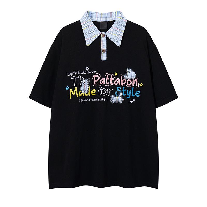 Bordado Alfabeto Americano Vintage Gola Lapela Manga Curta Estilo ins Masculino e Feminino Solto ins Estilo Universitário Camisa Polo Top