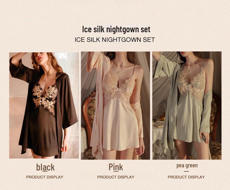 Meishilan Ice Silk Lace Flirtatious Nightdress and Bathrobe Set