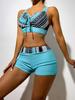 Stripe Cross Strap High Waist Drawstring Boyshorts Two Piece Bikini Set Trendy For Vacation