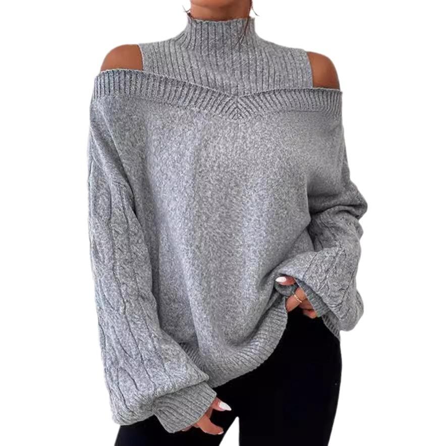 Off-the-shoulder Sweater Female Pullover Autumn and Winter New Loose Semi-high Neck Lantern Sleeve Sweater Female