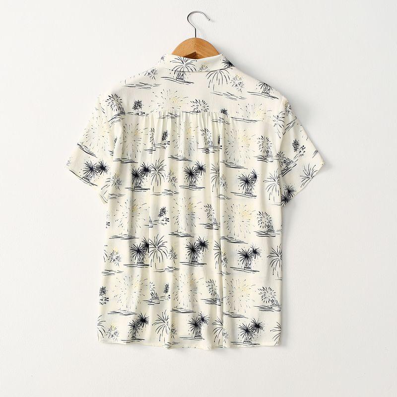 Export Pure Yuan Simple Anti-Aging Loose Slim Looking Elegant Chinese Style Print Drape Viscose Short Sleeve Shirt for Women