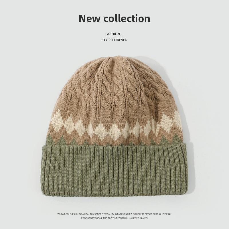 

Prismatic grid color matching jacquard knitted hat women s winter warm cold ear protection thickened simple wool hat One Size (54-59cm)