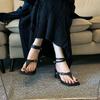 2025 new summer Roman square head pinch foot herringbone high-heeled sandals women's thick heel one-word buckle belt toe women's shoes