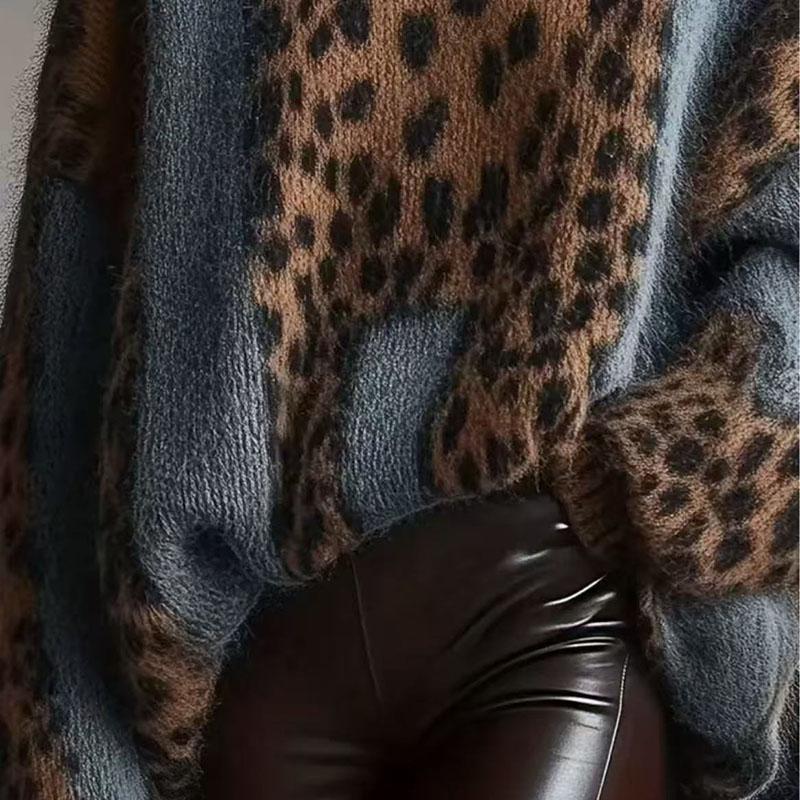 Sexy Patchwork Leopard Print Damen Pullover Herbst Rollkragen Locker Gestricktes Oberteil Pullover Winter Langarm Warme Pullover Jumper