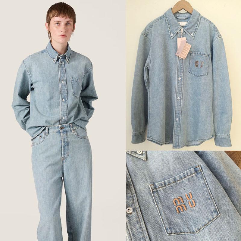 

Women s Light Blue Embroidered Denim Shirt - Versatile Long Sleeve Casual Top L (In Stock)