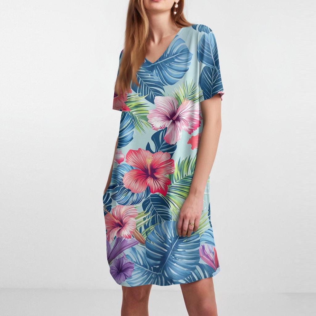 Haut Midi à Manches Courtes et Poches à Col en V pour Femme avec Imprimé Rétro Fleurs et Feuilles