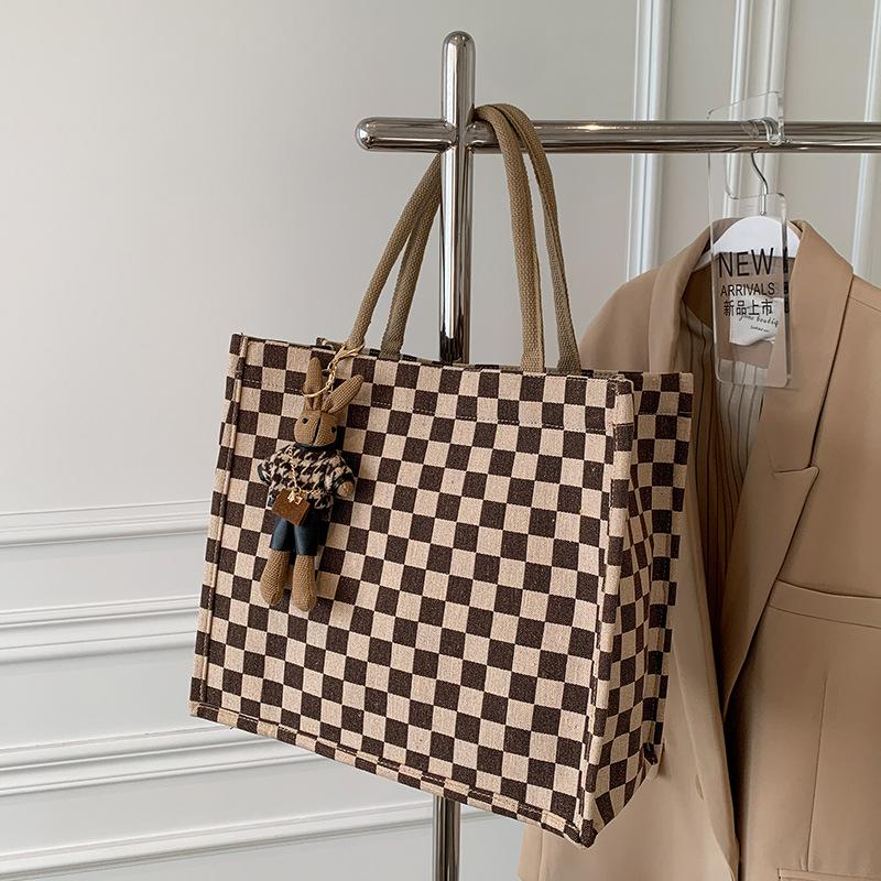 Large Capacity Checkerboard Handbag Bag for Women New Versatile Ins Student Commuting Canvas One Shoulder Tote Bag