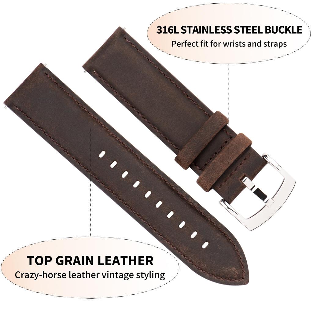 [CORROPELLE] Genuine Leather Watch Band, Quick Release, 18mm 19mm 20mm 21mm 22mm Replacement Strap, No Tools Required, Retro Elegant Crazy Horse