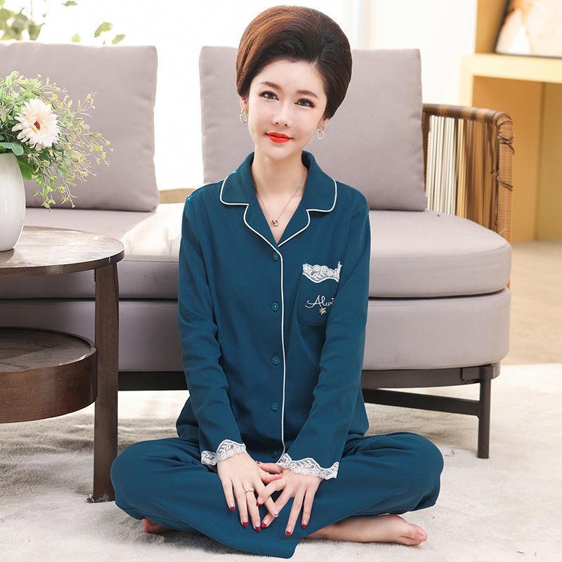 Middle-aged women's 100% pure cotton pajamas women's summer long-sleeved pajamas middle-aged and elderly mother loungewear thin suit
