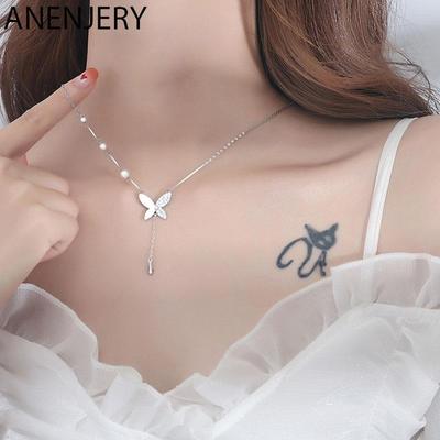 Colar de borboleta sorridente cor prata feminino luz luxo clavícula corrente novo simples colar de pérolas
