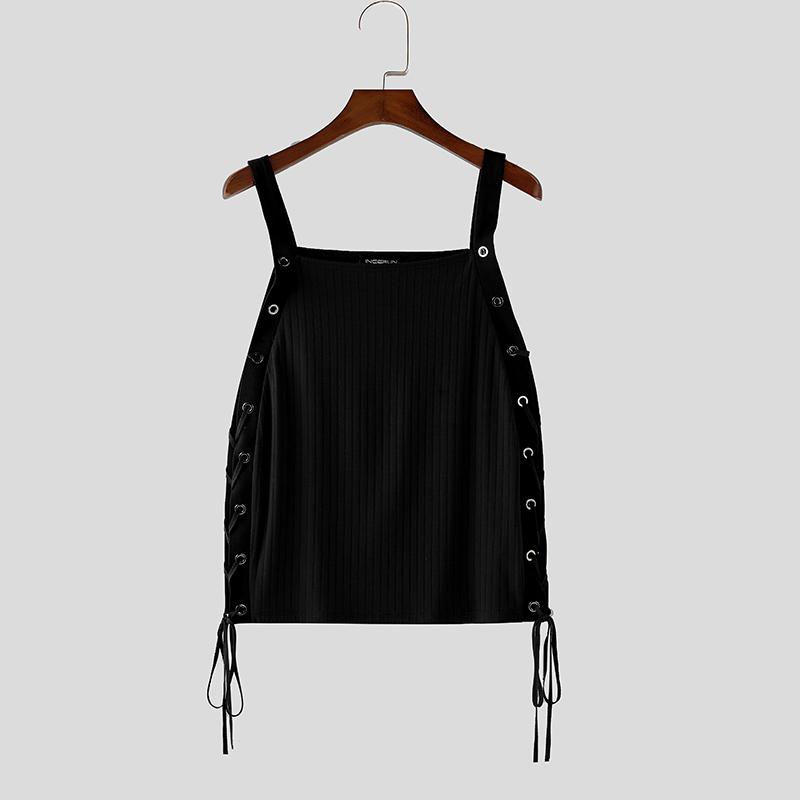 

INCERUN Летние мужские топы-майки без рукавов с бретельками и повязками в рубчик 2XL чёрный