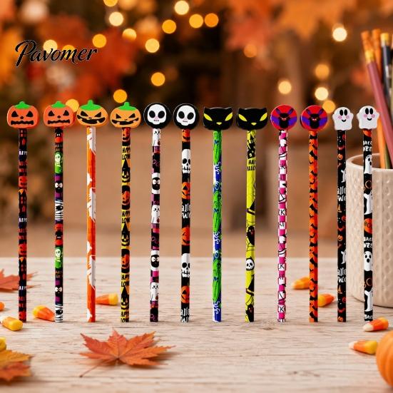 Kids Halloween Stationery 12 Pcs Pencils with 3D Skull Ghost Pumpkin Cat Erasers, Wood Bulk for Goodie Bags, School Classroom Rewards Supplies